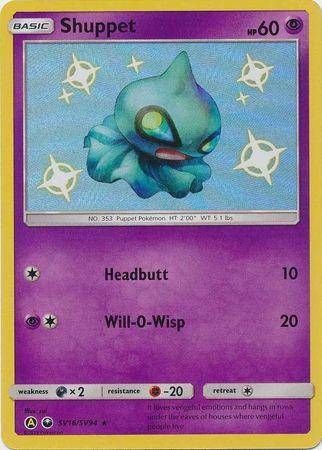 Shuppet card from Lockett Labs' Hidden Fates set, featuring a ghostly blue puppet Pokémon with HP 60 and two attack moves.