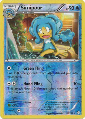 Simipour: BREAKTHROUGH (Reverse holo) card featuring a blue, water-type Pokémon with a playful expression, HP 90, and two att