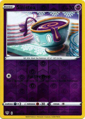 Lockett Labs Sinistea: DARKNESS ABLAZE (Reverse holo) card featuring a purple background and a teacup design. Card number 082
