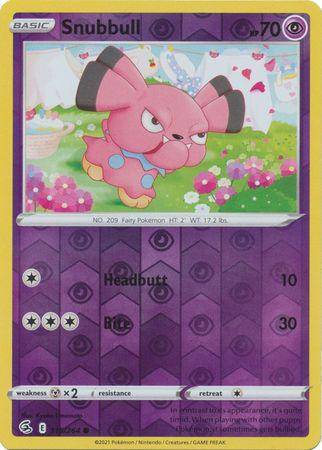 Snubbull: FUSION STRIKE (Reverse holo) - 115/264 featuring a pink Snubbull in a colorful garden with flowers.