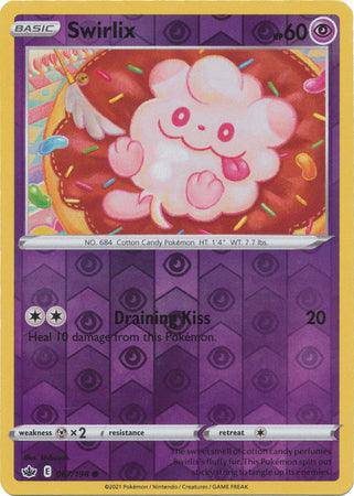 Swirlix: CHILLING REIGN (Reverse holo) card featuring a pink, fluffy Pokémon with a colorful background.