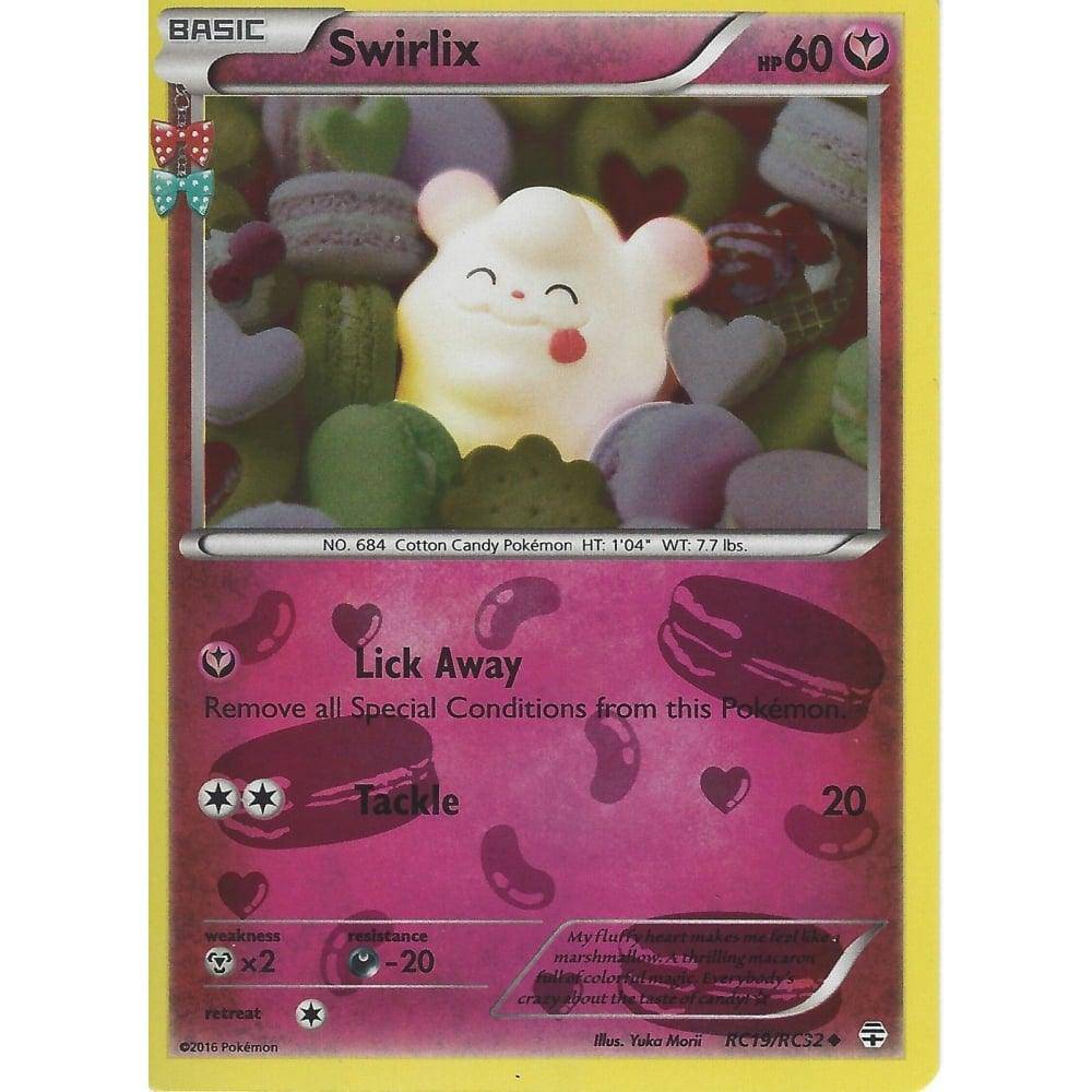 Swirlix: GENERATIONS (Holo) card featuring a cute, pink Cotton Candy Pokémon with a smiling face and colorful background.