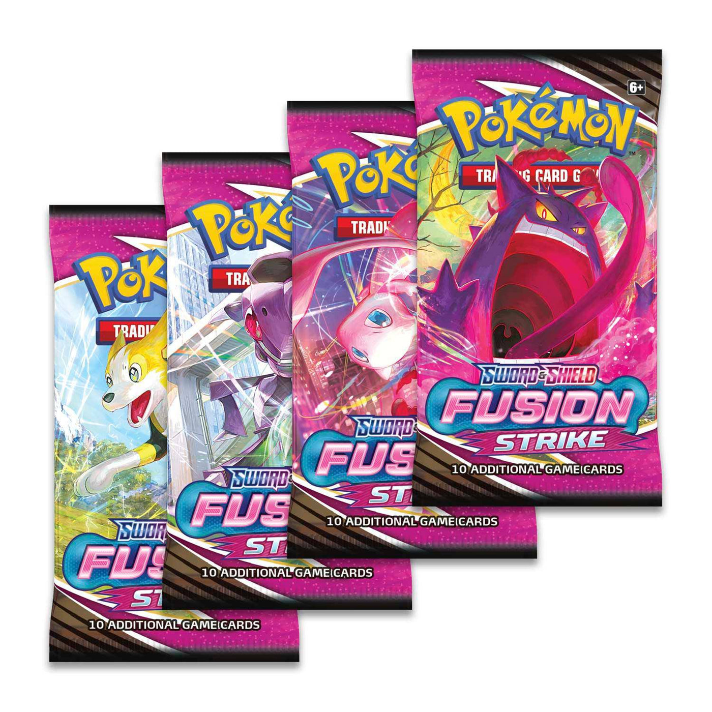 Lockett Labs Sword & Shield: Fusion Strike Booster Box featuring four booster packs with colorful Pokémon designs.