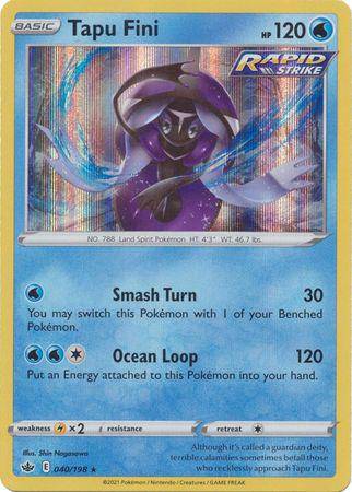 Lockett Labs Tapu Fini card from Chilling Reign set, featuring holographic design, HP 120, and two attack moves.
