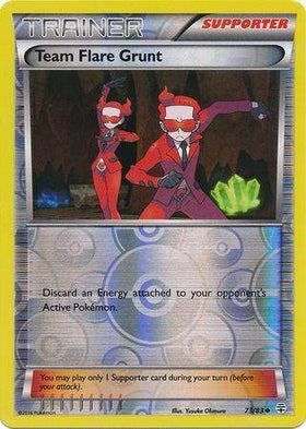 Reverse holo card of Team Flare Grunt from Lockett Labs, featuring two characters in red outfits with a silver background.