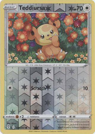 Lockett Labs Teddiursa card from EVOLVING SKIES, reverse holo, featuring a cute bear Pokémon surrounded by flowers.
