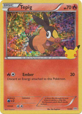 Holo Tepig card from Lockett Labs, 25th Anniversary Promo, featuring vibrant artwork and stats: HP 70, Ember attack.