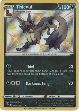 Thievul card from Lockett Labs' SHINING FATES set, featuring a sleek fox-like Pokémon with HP 100 and two attack moves.