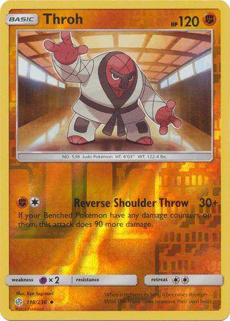 Lockett Labs Throh: COSMIC ECLIPSE (Reverse holo) card featuring a red, martial arts Pokémon in a dojo setting.