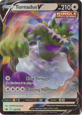Tornadus V card from Lockett Labs, featuring vibrant artwork, HP 210, and two attack options: Blow Through and Blasting Hamme