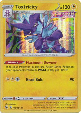 Lockett Labs Toxtricity card from Fusion Strike, featuring a purple Pokémon with a blue background and holographic finish.
