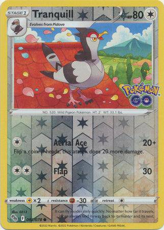 Lockett Labs Tranquill card from Pokémon GO! features a reverse holo design, showing a cartoon bird with HP 80 and attack det