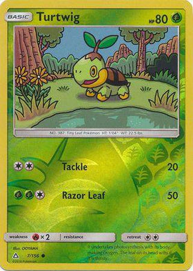 Turtwig: ULTRA PRISM (Reverse holo) card featuring a cute turtle Pokémon in a vibrant green landscape. Card number 7/156.