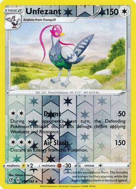 Lockett Labs Unfezant: REBEL CLASH (Reverse holo) card featuring a colorful bird Pokémon with stats and abilities.