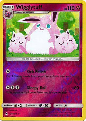 Wigglytuff card from Lockett Labs, UNBROKEN BONDS (Reverse holo) featuring two Wigglytuff with HP 110 and abilities Orb Polis