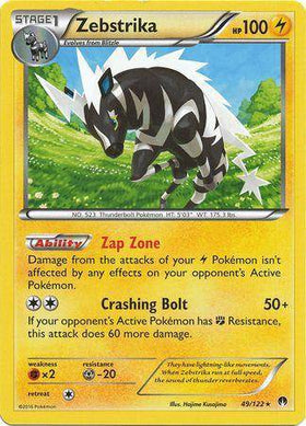 Zebstrika card from Lockett Labs, featuring a dynamic illustration of the Pokémon with stats and abilities listed.