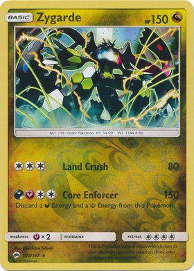 Lockett Labs Zygarde card from Burning Shadows, reverse holo, featuring vibrant artwork and stats: HP 150, Land Crush, Core E