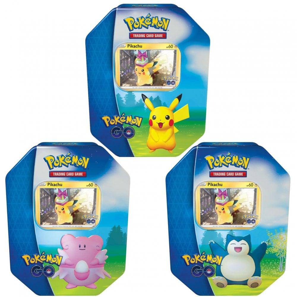 Lockett Labs Pokemon Go! Tin featuring Pikachu, Snorlax, and Blissey designs with trading cards inside.