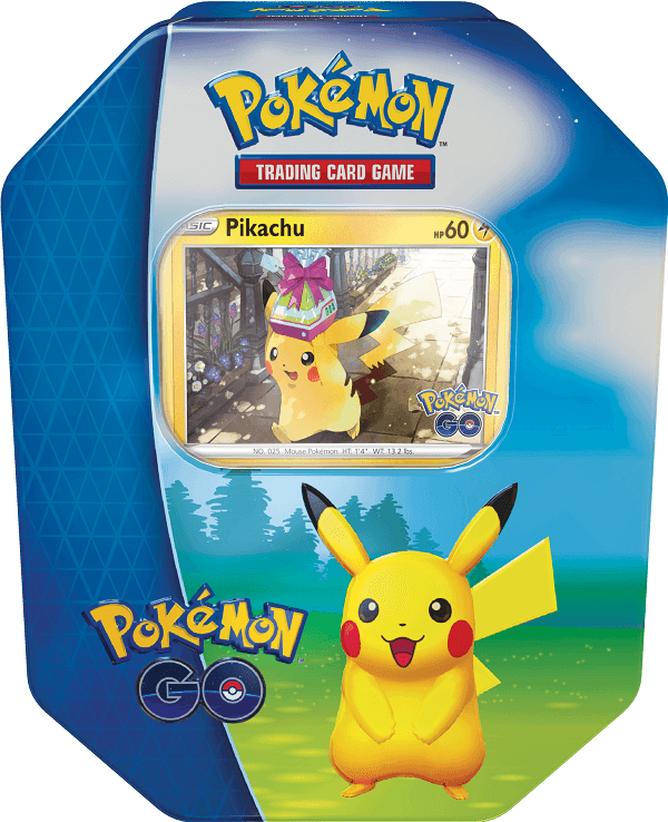 Lockett Labs Pokemon Go! Tin featuring Pikachu card, colorful design with Pikachu in a festive setting.