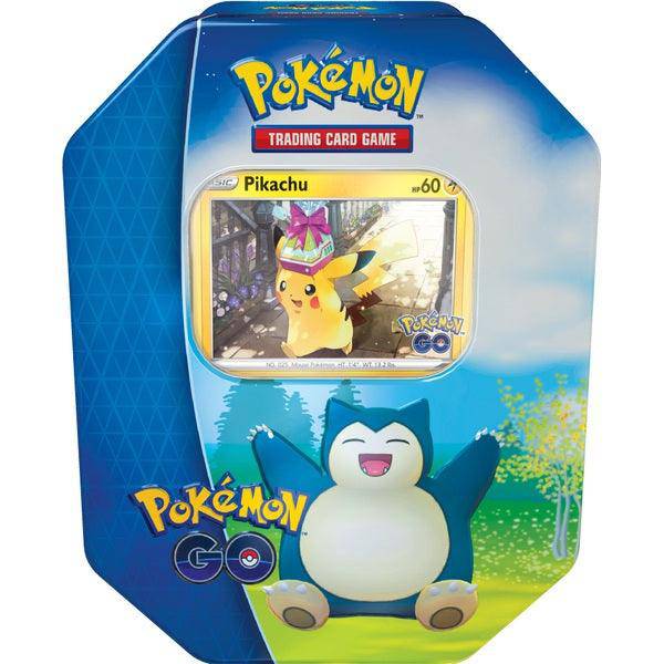 Lockett Labs Pokemon Go! Tin featuring Pikachu card and Snorlax design on a blue background.