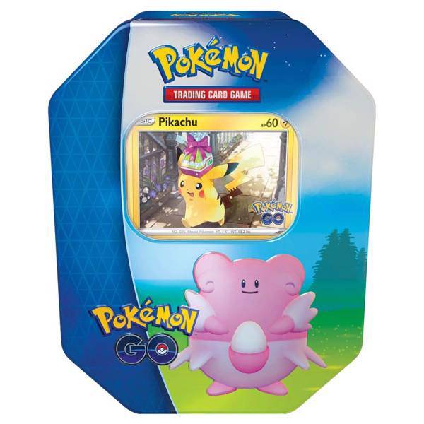 Lockett Labs Pokémon Go! Tin featuring Pikachu card and a pink Pokémon character on a colorful background.