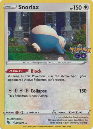 Lockett Labs Pokemon Go! Tin featuring Snorlax card with HP 150, abilities Block and Collapse, and artwork of Snorlax sleepin