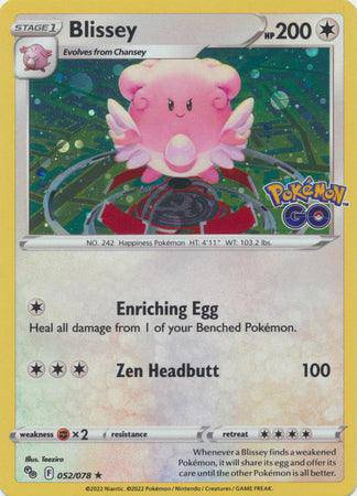 Lockett Labs Pokemon Go! Tin featuring Blissey card with HP 200, abilities Enriching Egg and Zen Headbutt.
