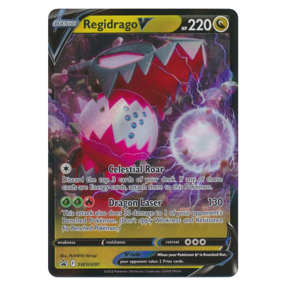 Regidrago V SWSH281 Sword & Shield Promo holo Pokémon card, scanned front