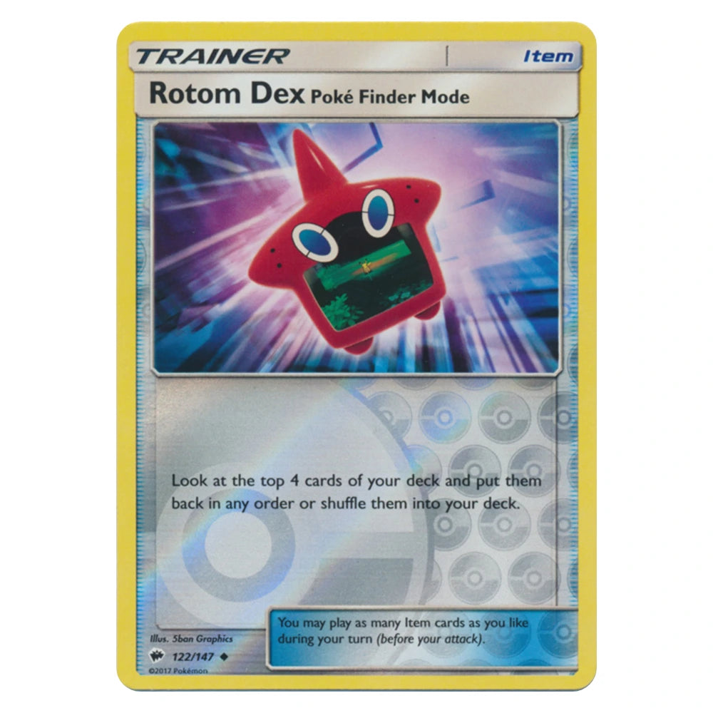 Rotom Dex Poke Finder Mode 122/147 Burning Shadows reverse holo Pokémon card, scanned front