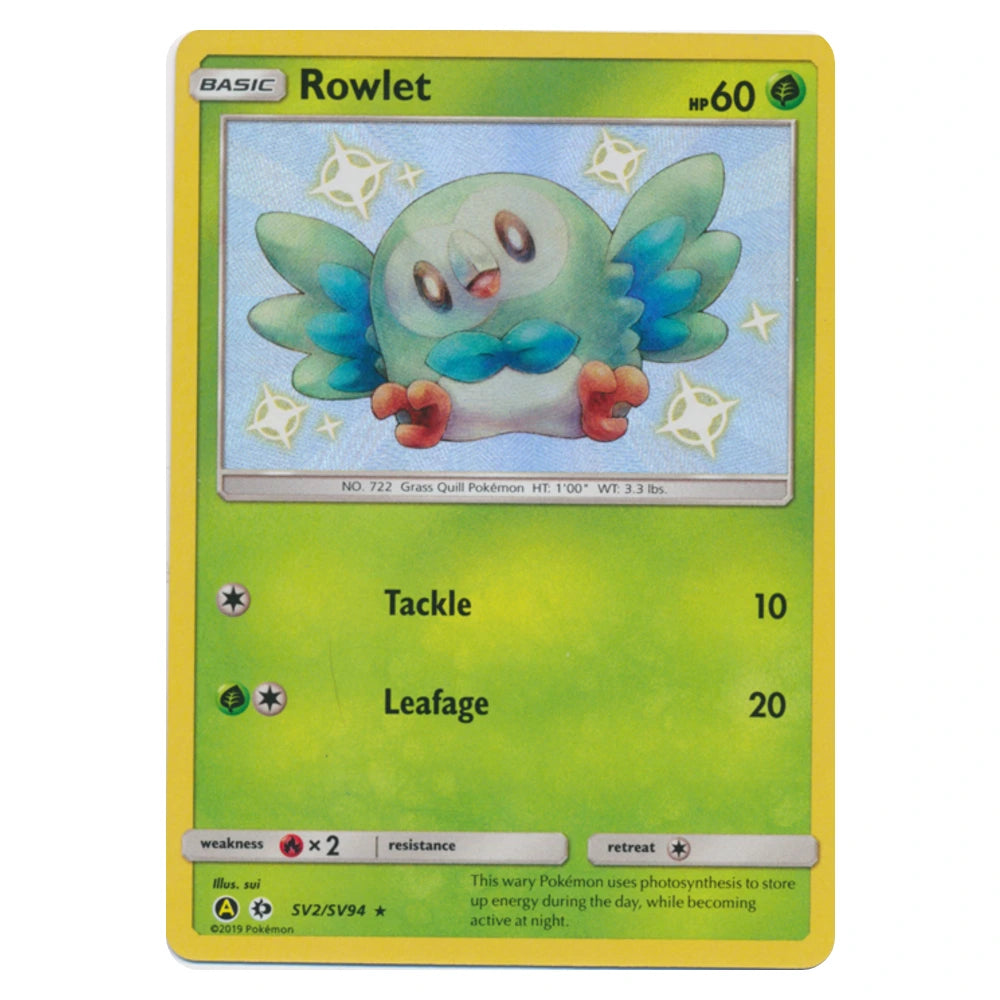 Rowlet SV2/SV94 Hidden Fates Pokémon card, scanned front
