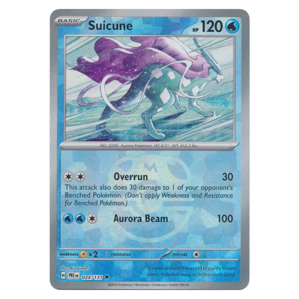Suicune 024/131 Prismatic Evolutions masterball reverse holo Pokémon card, scanned front