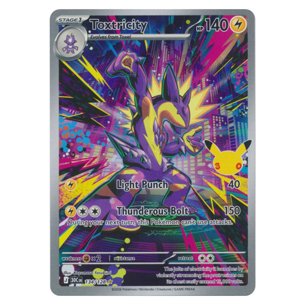 Toxtricity 134/128 30th Celebration holo Pokémon card, scanned front