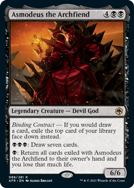 Asmodeus the Archfiend card from Dungeons & Dragons: Adventures in the Forgotten Realms, featuring a devil god in a dark, dra