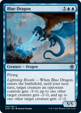 Blue Dragon card from Dungeons & Dragons: Adventures in the Forgotten Realms. Features a blue dragon and game stats.