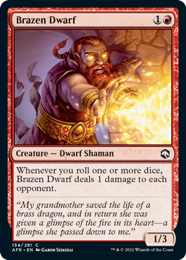 Brazen Dwarf card from Dungeons & Dragons: Adventures in the Forgotten Realms, featuring a dwarf shaman with a red background