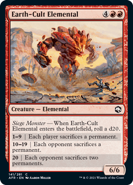 Foil card of Earth-Cult Elemental from Dungeons & Dragons: Adventures in the Forgotten Realms, featuring a red elemental crea