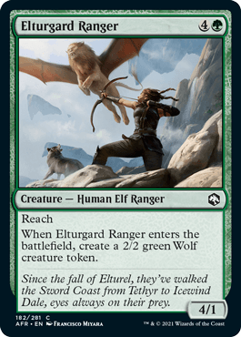 Elturgard Ranger card from Dungeons & Dragons: Adventures in the Forgotten Realms, featuring a human elf ranger with a wolf.