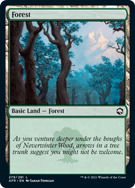 Forest card from Dungeons & Dragons: Adventures in the Forgotten Realms, featuring a serene woodland scene with blue-toned tr