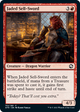 Jaded Sell-Sword card from Dungeons & Dragons: Adventures in the Forgotten Realms, featuring a Dragon Warrior with stats and 