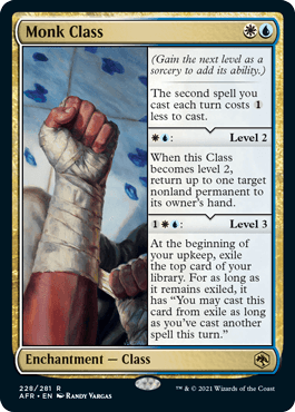 Monk Class card from Dungeons & Dragons: Adventures in the Forgotten Realms, featuring enchantment abilities and artwork by R
