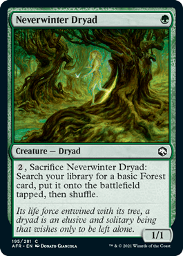 Neverwinter Dryad card from Dungeons & Dragons: Adventures in the Forgotten Realms, featuring lush green artwork and game sta
