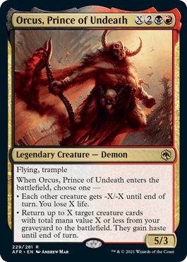 Orcus, Prince of Undeath card from Dungeons & Dragons featuring a demon with flying and trample abilities. 5/3 stats.