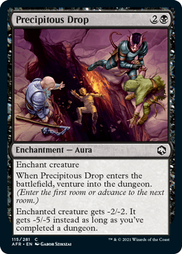 Precipitous Drop card from Dungeons & Dragons: Adventures in the Forgotten Realms, featuring a dark fantasy scene with a char
