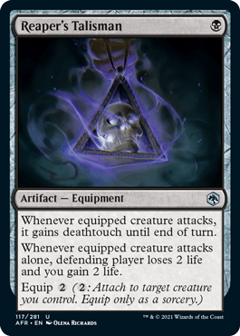 Reaper's Talisman card from Dungeons & Dragons: Adventures in the Forgotten Realms, featuring a skull pendant and equipment d
