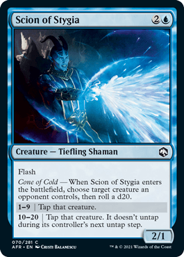Scion of Stygia card from Dungeons & Dragons: Adventures in the Forgotten Realms, featuring a Tiefling Shaman casting a spell
