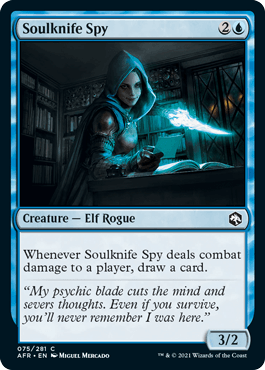 Soulknife Spy card from Dungeons & Dragons: Adventures in the Forgotten Realms featuring an elf rogue in a hooded cloak.