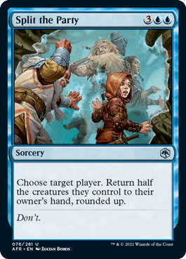 Lockett Labs Split the Party card features a blue sorcery with artwork depicting characters in a tense scene.