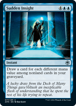 Sudden Insight card from Dungeons & Dragons: Adventures in the Forgotten Realms, featuring a blue instant spell with a mystic