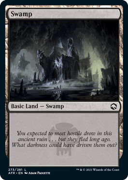 Swamp card from Dungeons & Dragons: Adventures in the Forgotten Realms, featuring a dark, eerie landscape with ancient ruins.