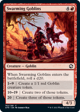 Swarming Goblins card from Dungeons & Dragons: Adventures in the Forgotten Realms, featuring goblins in a fiery landscape.